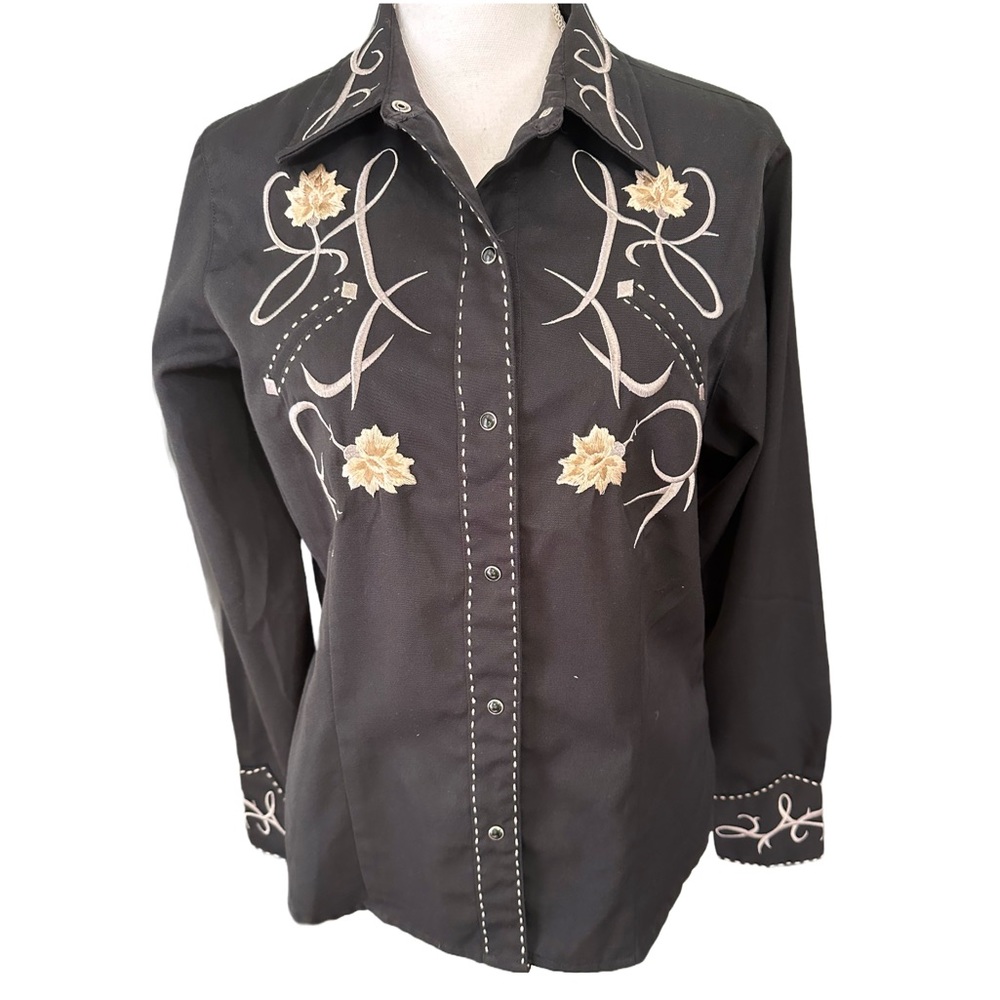 Roper Black w/Embroidered Western Cowgirl Pearl Snap Shirt Large woman